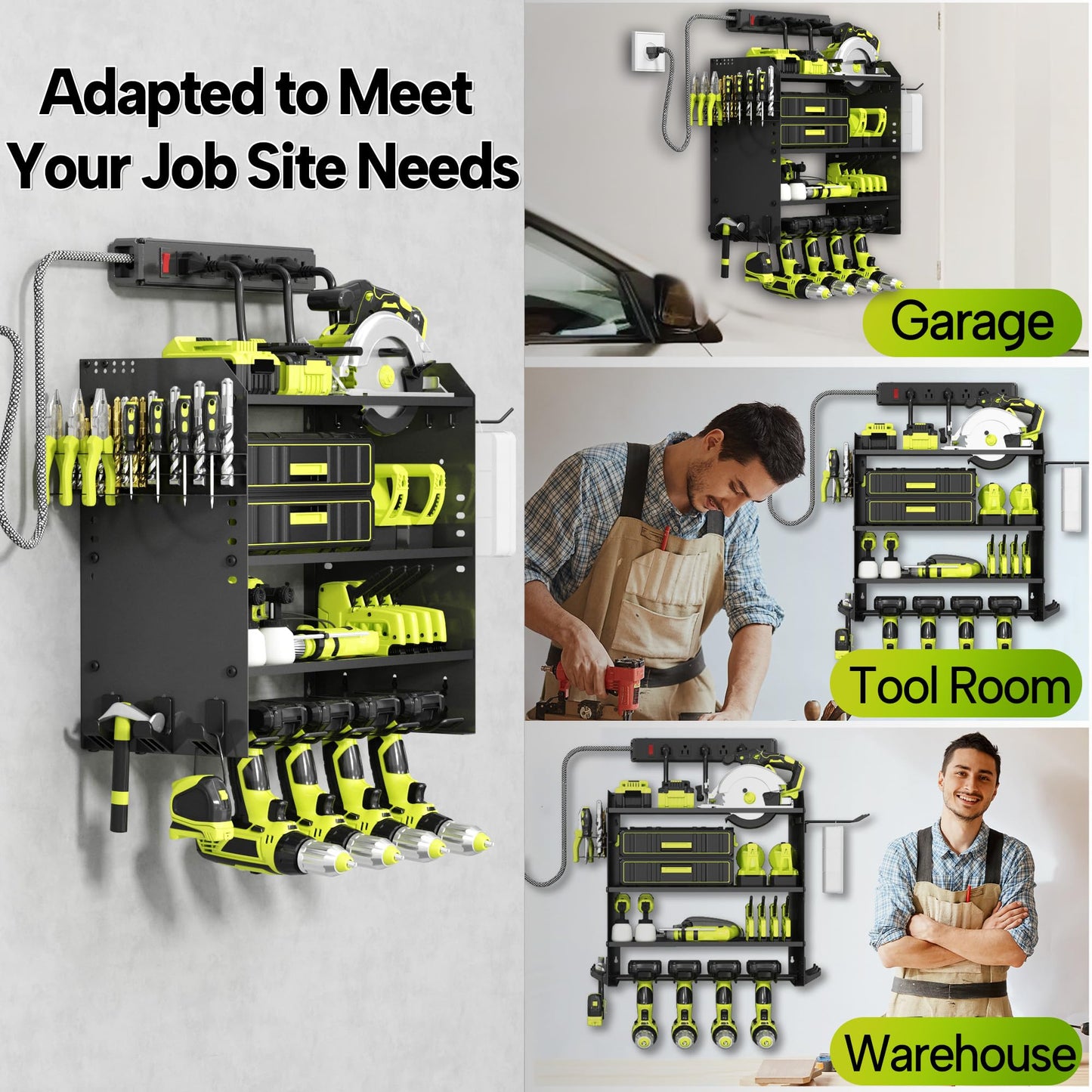 CFMASTER 4 Layer Heavy Duty Power Tool Organizer Wall Mount with Charging Station, Adjustable Metal Storage Rack, 6 Outlets Strip, Drill Holders, Hooks & Drill Bit Rack for Garage, Workshop, Black