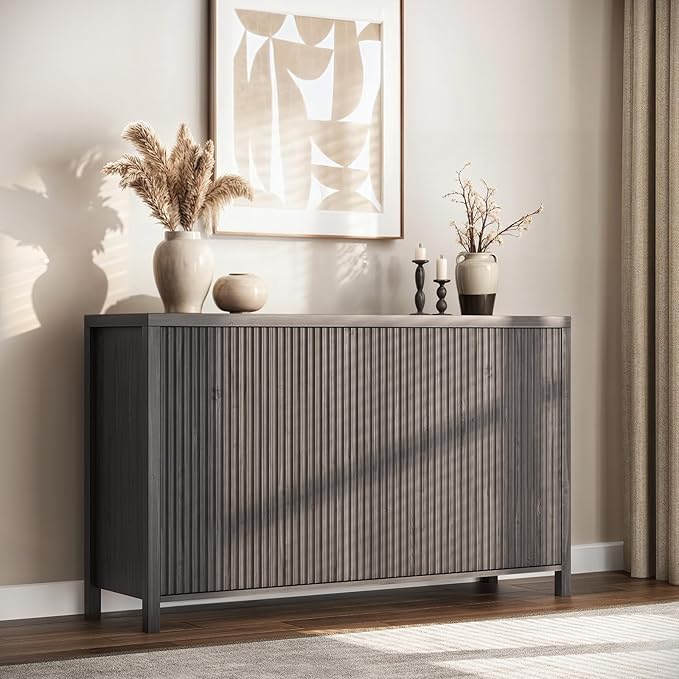 YOUDENOVA Fluted Buffet Cabinet with Storage, Modern Sideboard Cabinets with 4 Doors & Adjustable Shelves, Accent 56” Credenza Storage Cabinet, Wood Entryway Cabinet for Living Room Hallway, Grey
