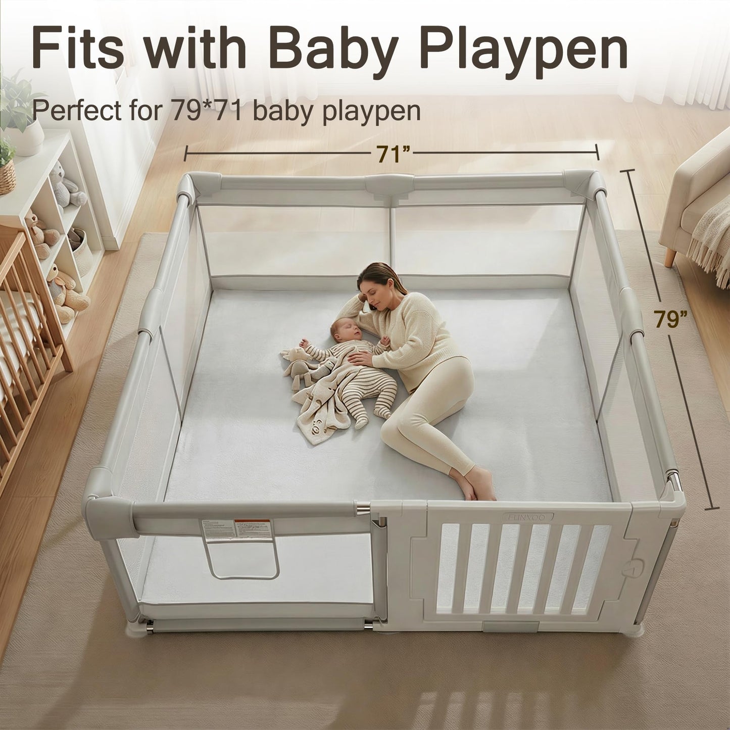 Funyoo 79" ×71" Padded Baby Play Mat for Floor, 1.3" Thick Machine Washable Foam Playmat, Soft Tummy Time Crawling Playpen Mat with Non-Slip Bottom, Fits 79" x71" Playpens