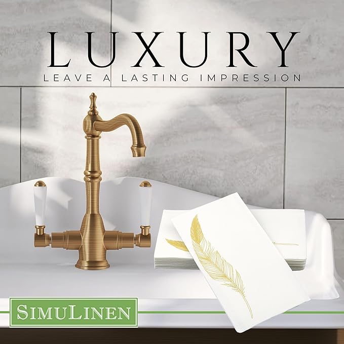SimuLinen Decorative Gold Feather Design Paper Towels - Hand Towels for Bathroom - Cloth-Like, Linen-Feel for Guest Bathroom Essentials, Size: 12x17” (Pack of 100) Made in Germany
