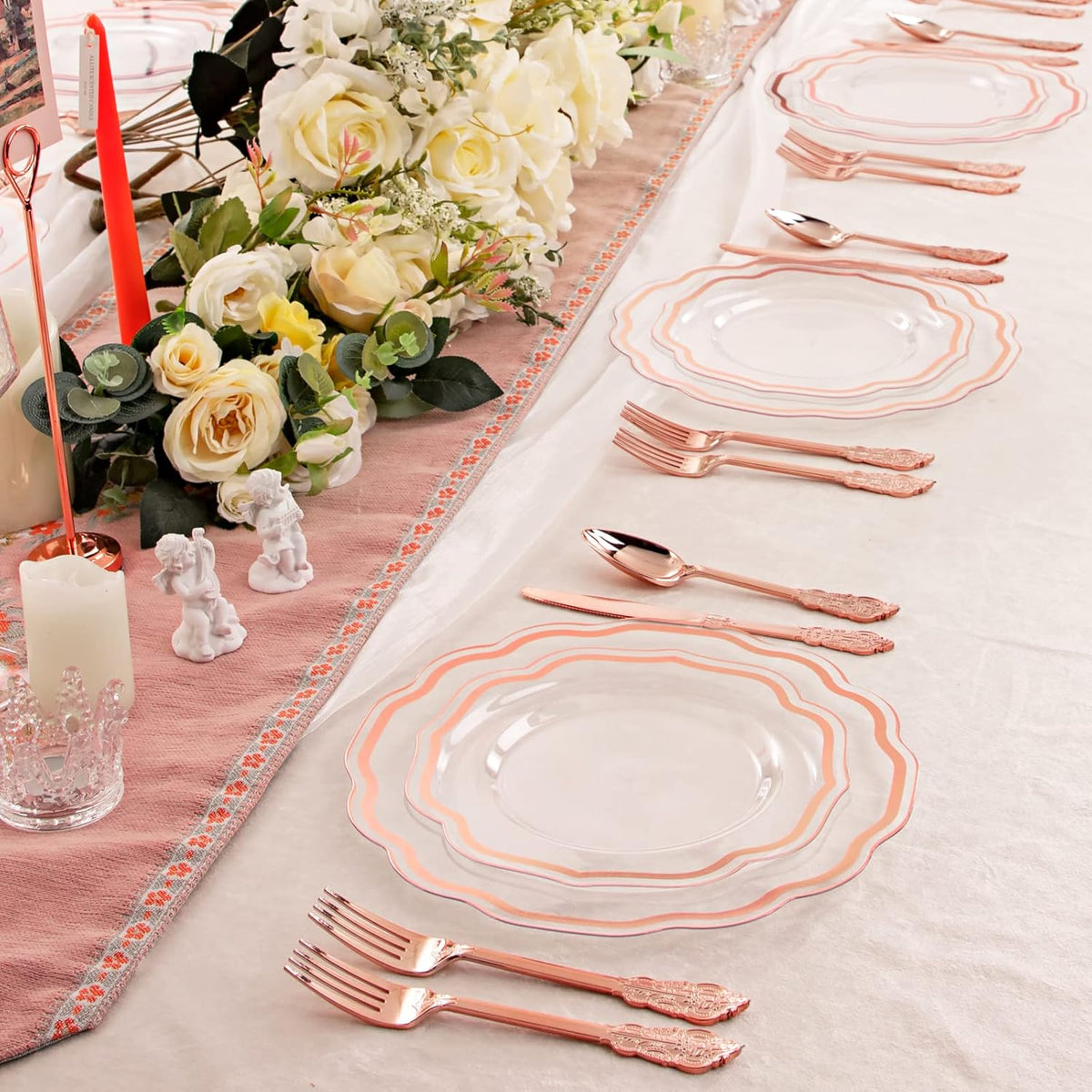 NOCCUR 150PCS Rose Gold Plastic Plates&Rose Gold Silverware-Include 30Dinner Plates, 30Salad plates, 90 Disposable Rose Gold Utensils- Ideal for Weddings, Party,Shower