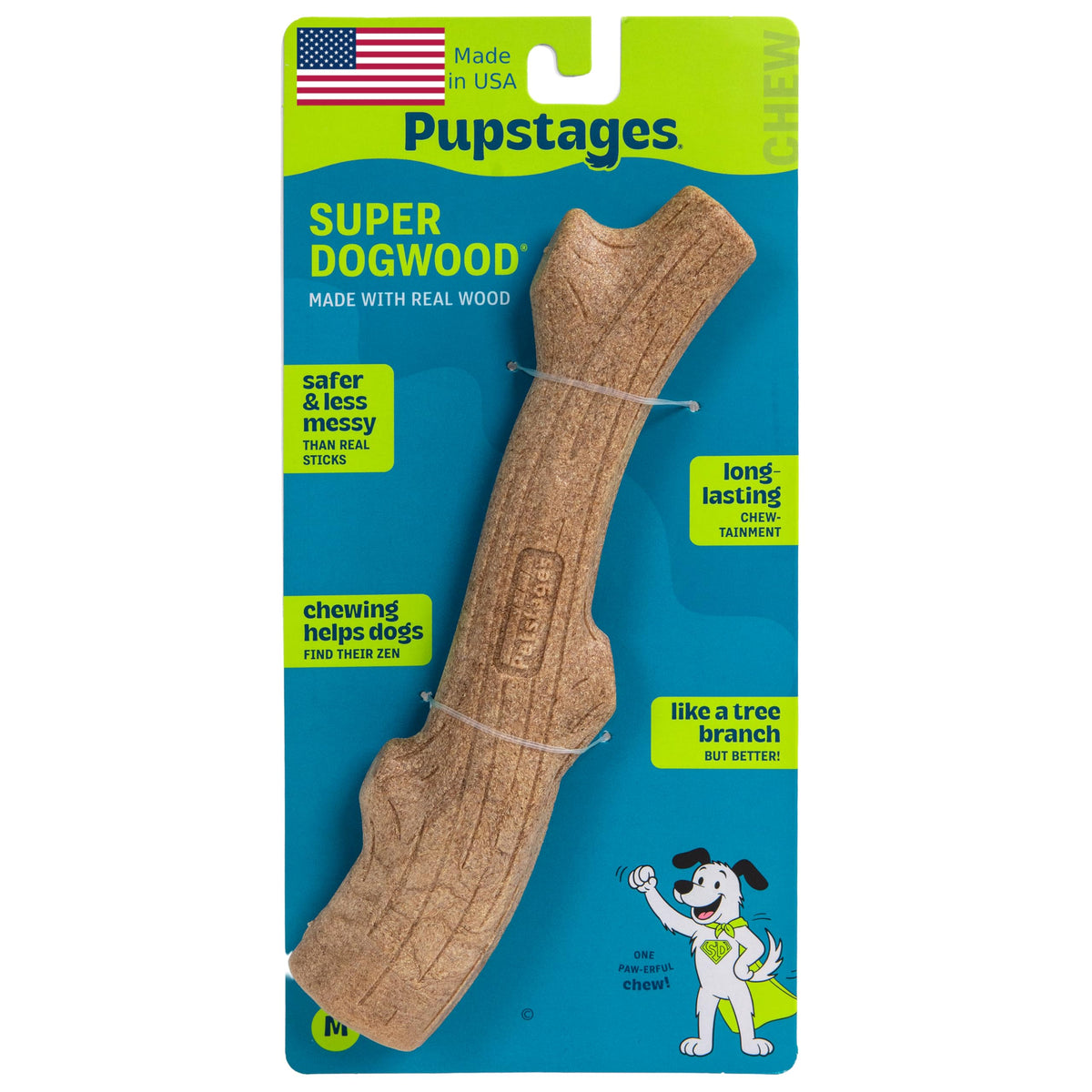 Pupstages Super Dogwood Stick Dog Chew Toy, Made in USA, Medium, 9.5"