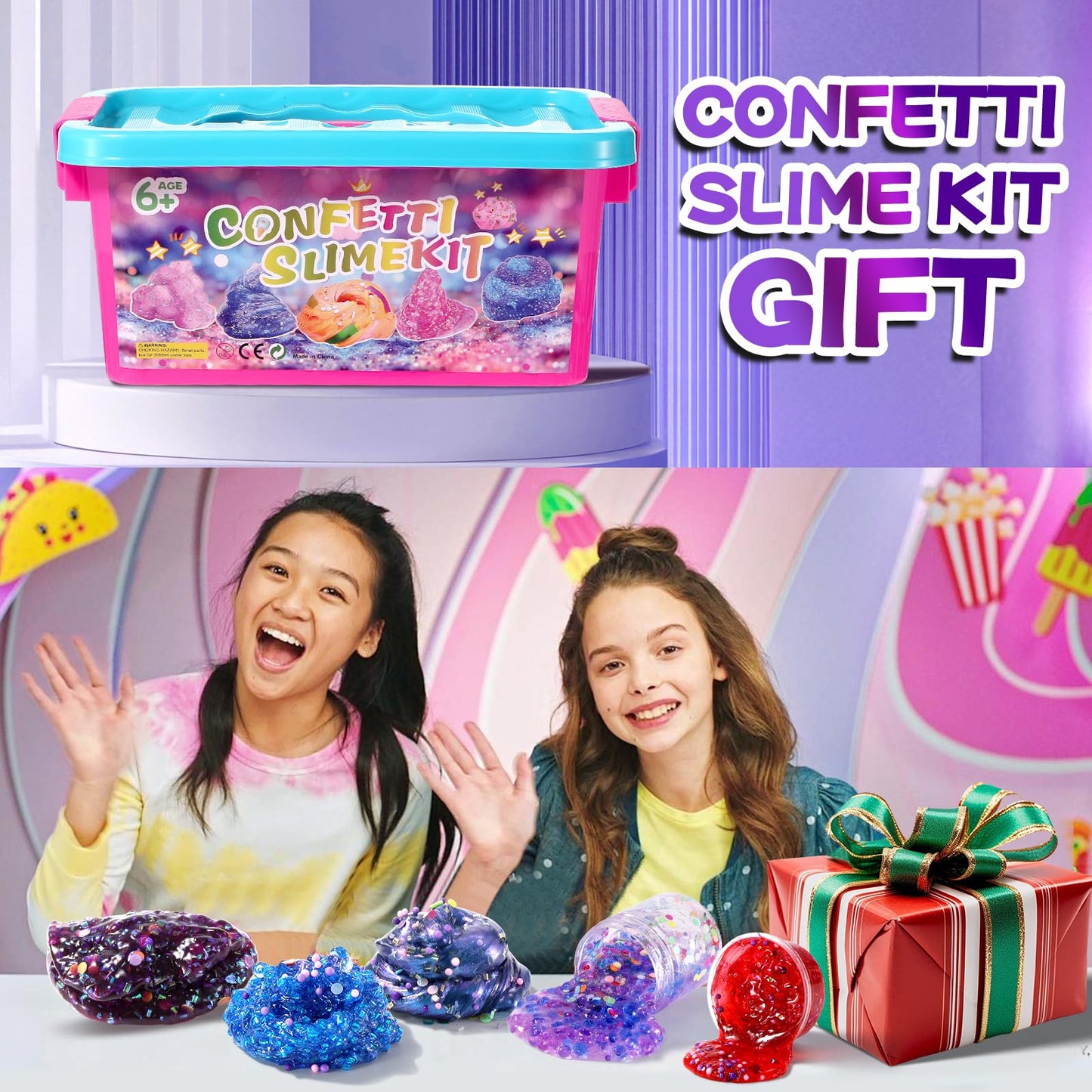 pokujyrt Confetti Slime Kit, Sparkling Slime Making Kit, DIY Craft Set with Clear Glue, Colors, and Decorations, Ages 6+