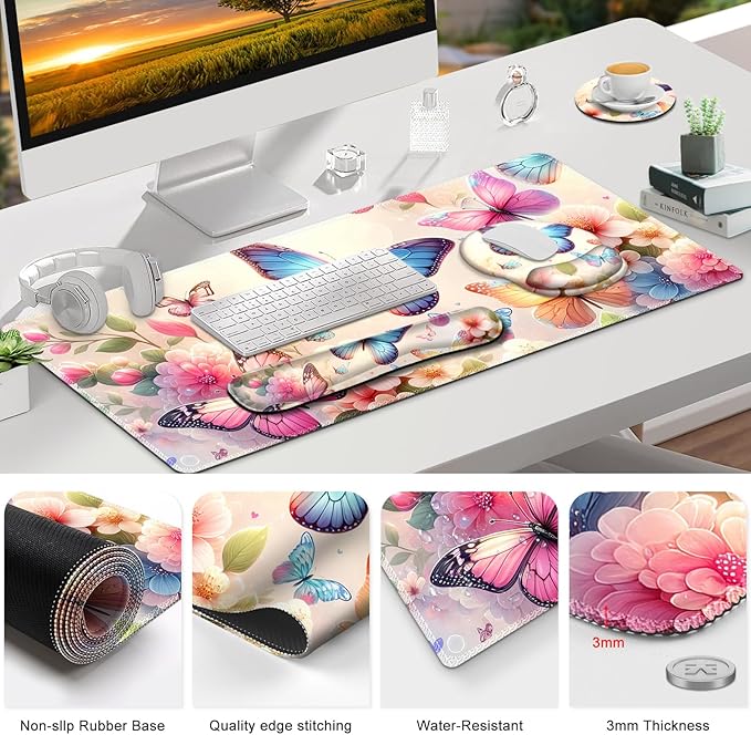 Gaming Mouse Pad, Large Desk Mat, Cute Desk Pad Protector, 4in1 XXL Mousepad + Keyboard Wrist Rest+Mouse Wrist Rest+Coaster Set with Ergonomic Desk Pad for Home Office PC Computer, Butterflies Flowers