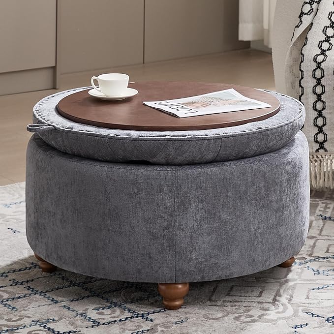 30Inch Round Storage Ottoman with Tray, Modern Tufted Circle Coffee Table with Storage, Upholstered Ottoman with Removable Top for Living Room, Bedroom, Chenille Blue