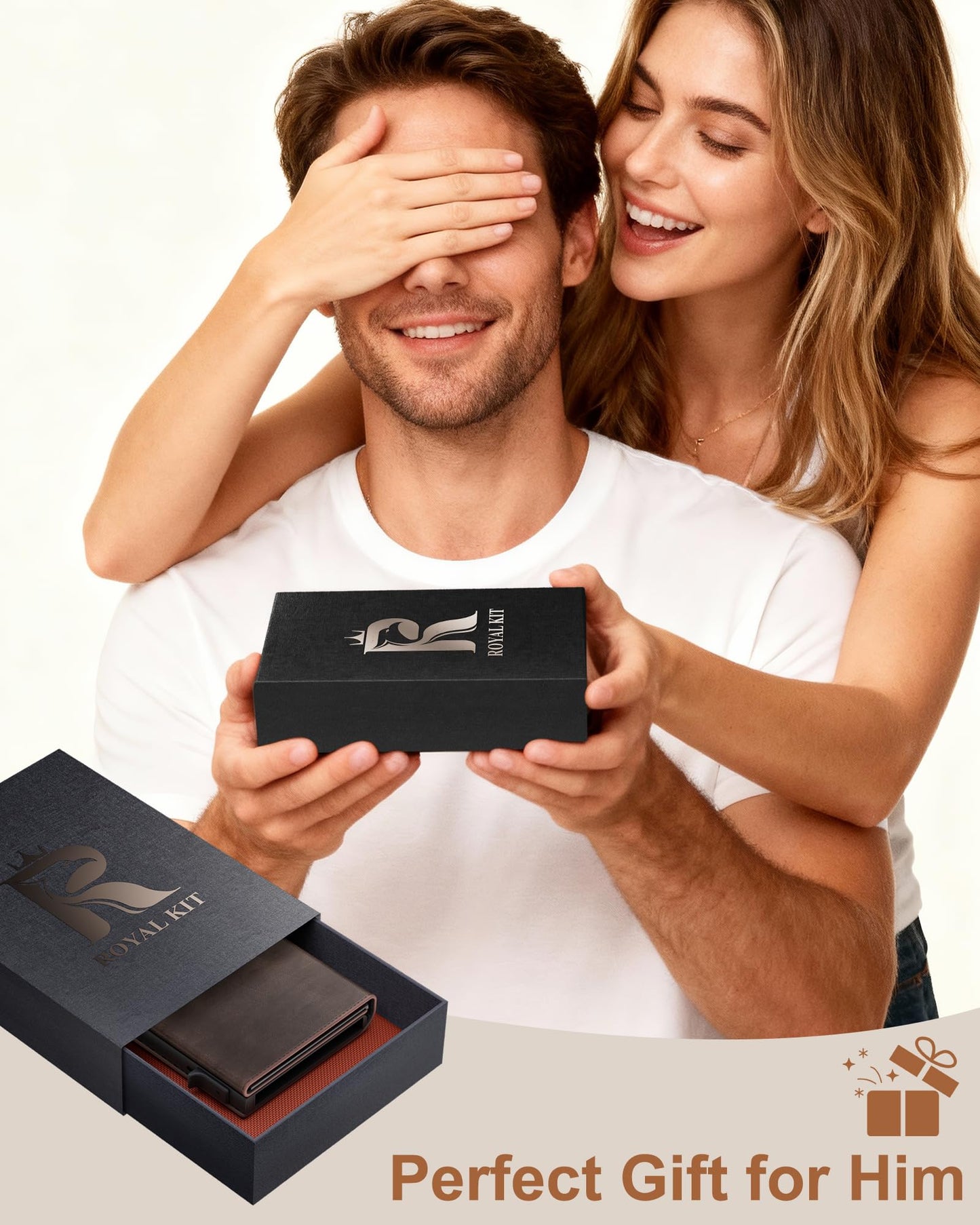 ROYAL KIT Wallet for Men Card Holder: Pop Up Card Case, RFID Blocking, Premium Genuine Leather, Slim, Minimalist, Front Pocket - 14 Card Capacity | ID Window | Cash Slot (Brown)