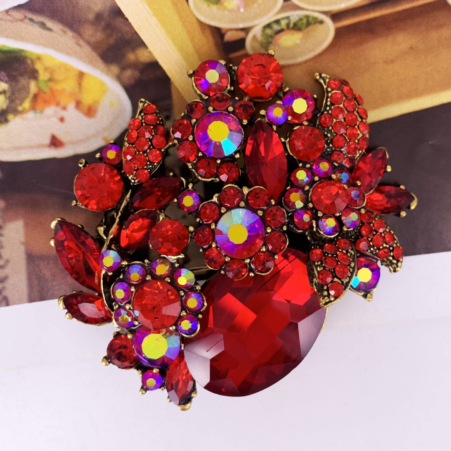 SELOVO Women's Sparkly Flower Red Rhinestone Crystal Brooch Pendant Pin