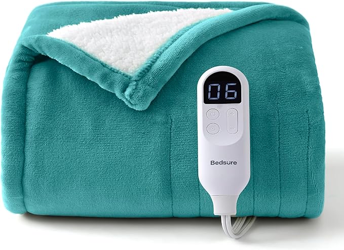 Bedsure Heated Blanket Throw Blanket - Fast Heating Electric Blanket, GentleSoft Flannel Heated Throw with 4 Time Settings, 6 Heating Settings, Warm Gifts for Grandma (50x60 inches, River Blue)