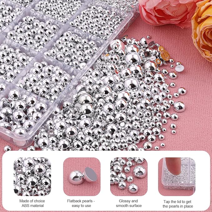 13500Pcs Flatback Pearls for Bedazzling (Silver) with 3Pcs B7000 Jewelry Glue, Assorted Size 2/3/4/5/6/8/10mm Half Pearl, Bedazzling Gems for Crafting Clothing Tumbler Shoes Embellishment Nail Art