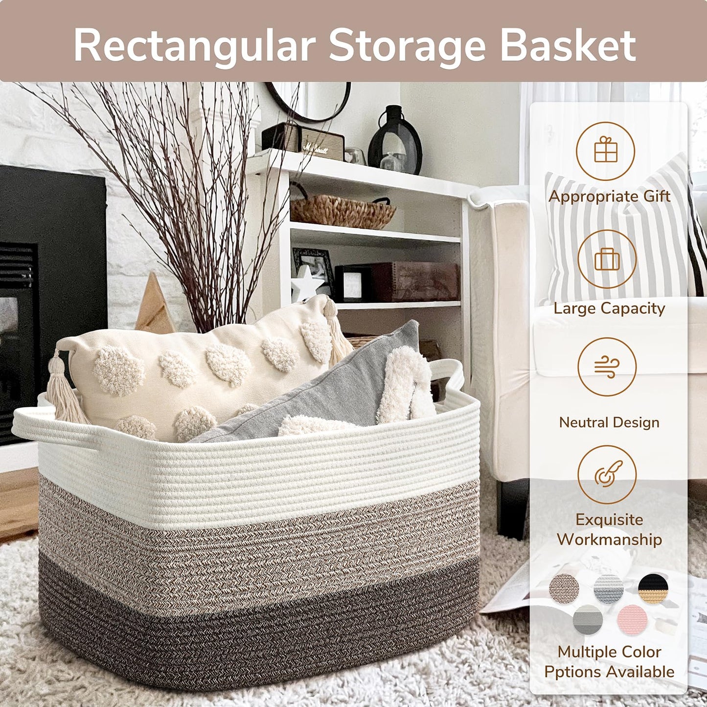 Goodpick Large Woven Storage Basket, 21.6"x14.9"x11.8", Blanket Storage for Bedroom and Living Room, Rectangle Rope Baskets for Storage, White Brown