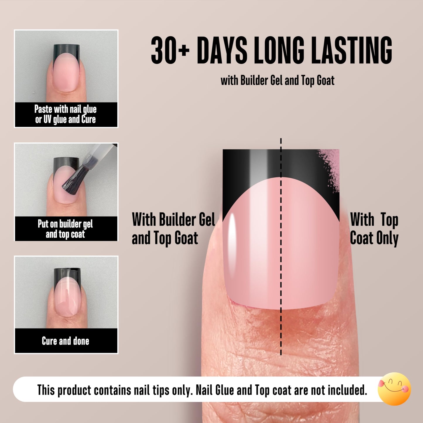 MUTIOVO Black French Tip Short Straight Square Nail Tips Press on, BABY PINK Extra Thick NEED Soft Gel Nail Extension, Need Builder gel & Top,Coat Full Cover False Nails, for DIY x 15 Sizes 150 pcs