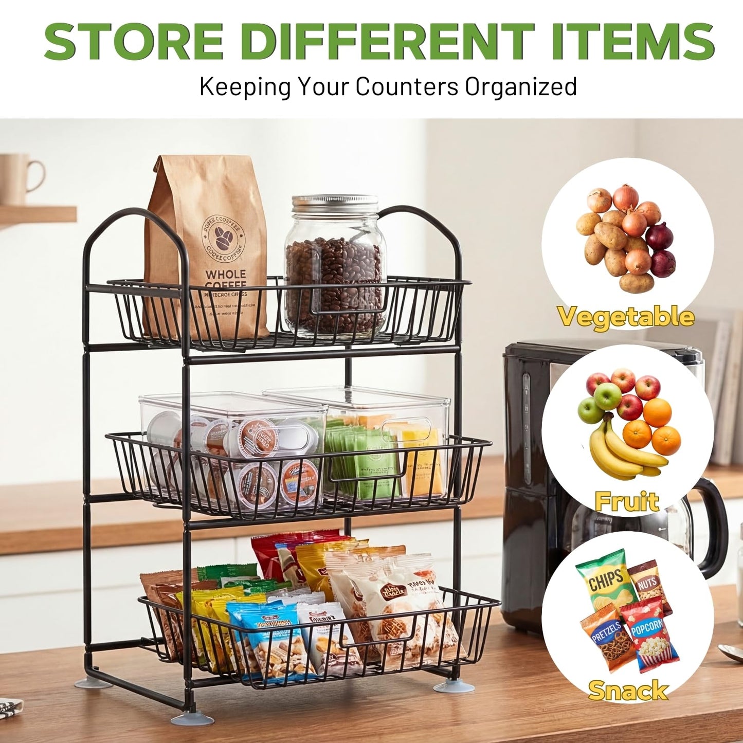 Ofiray-home 3 Tier Fruit Basket with 2 Banana Hangers, Detachable Countertop Fruit Vegetable Basket Organizer for Kitchen Counter, Metal Mesh Fruit Bowl for Potato Onion Bread Snack Veggie