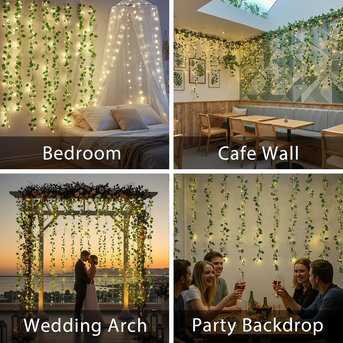 suddus 200 LED Vine with Light Plug in, 6.5ft x 6.5ft Pothos Fairy Curtain Lights with Remote, Leaf Fairy Lights for Wall,Bedroom, Dorm, Wedding, Party, Indoor Decor(Warm White)