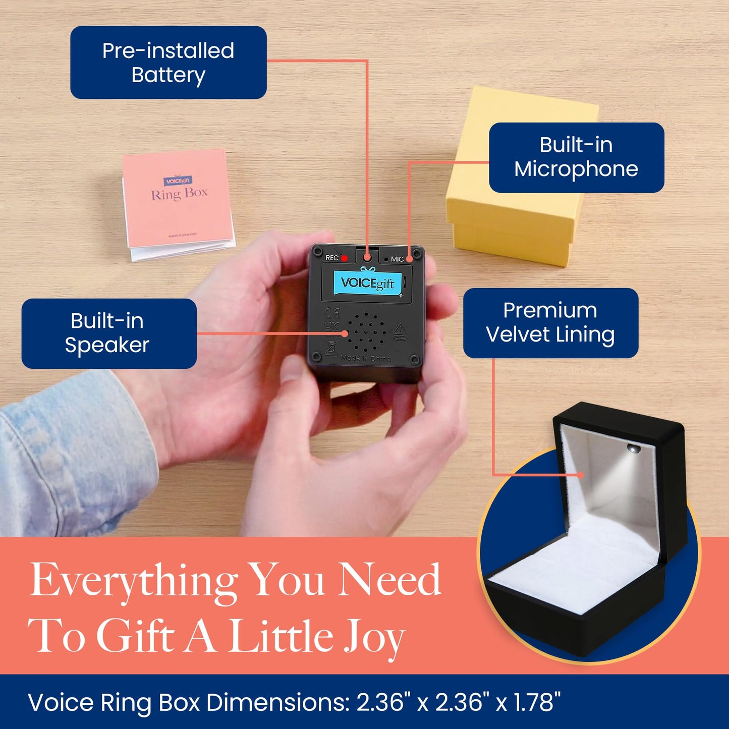 VOICEGIFT Ring Box Recordable Ring Box with LED Light, 60-Second Voice Recorder, Velvet Jewelry Gift Box for Proposal, Engagement, and Keepsake | Black