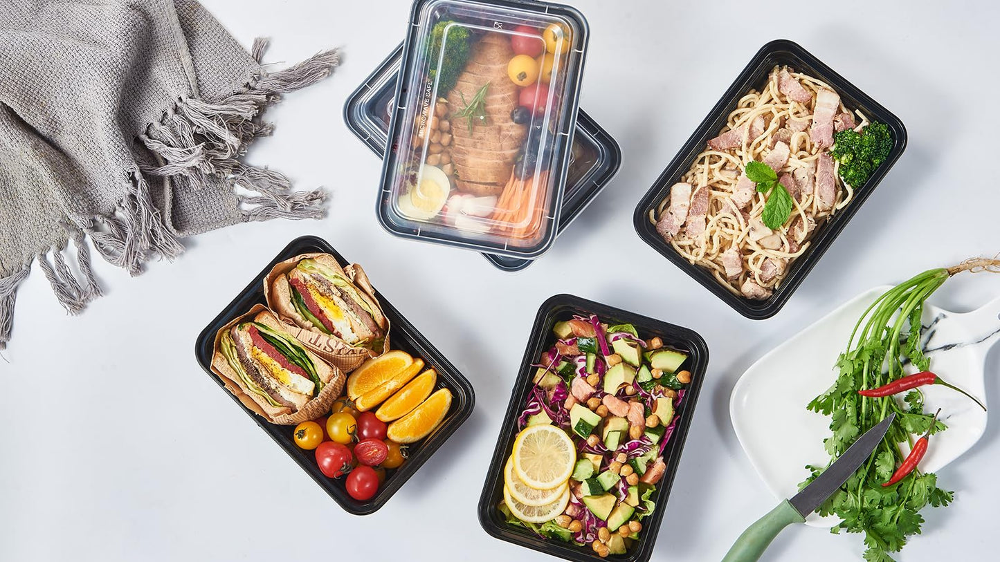 Jaluxing 32 oz 50Pack Plastic Meal Prep Food Storage Containers with Lids Reusable 1 Compartment To Go Lunch Box Black Extra Large &Thick Microwave Freezer Safe BPA Free Stackable (Formerly FULING)