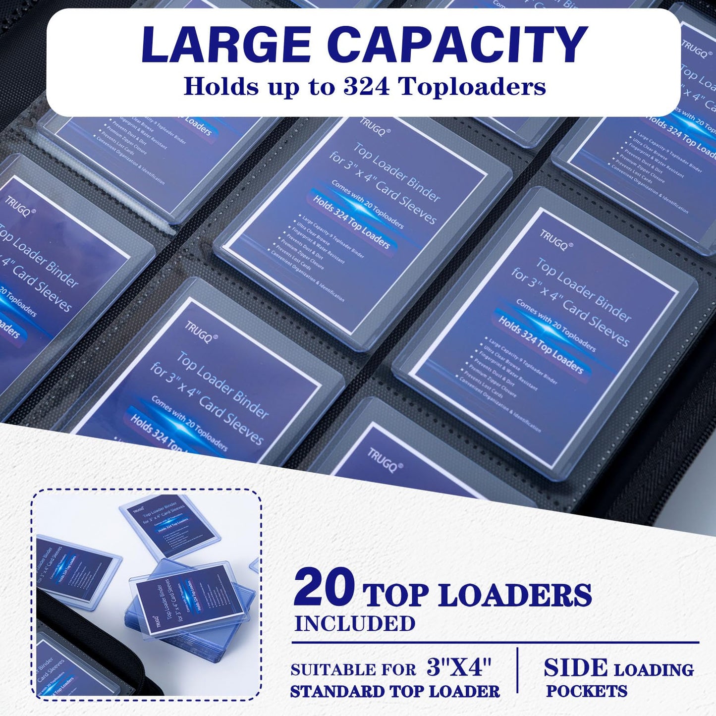 TRUGQ Toploader Binder Holds 324 Toploaders - 20 Toploaders|Waterproof PU Leather + Anti-Yellowing PP Inserts | Ridge Tab Sorting Portable top loader binder for cards(For Sports/Game Cards)