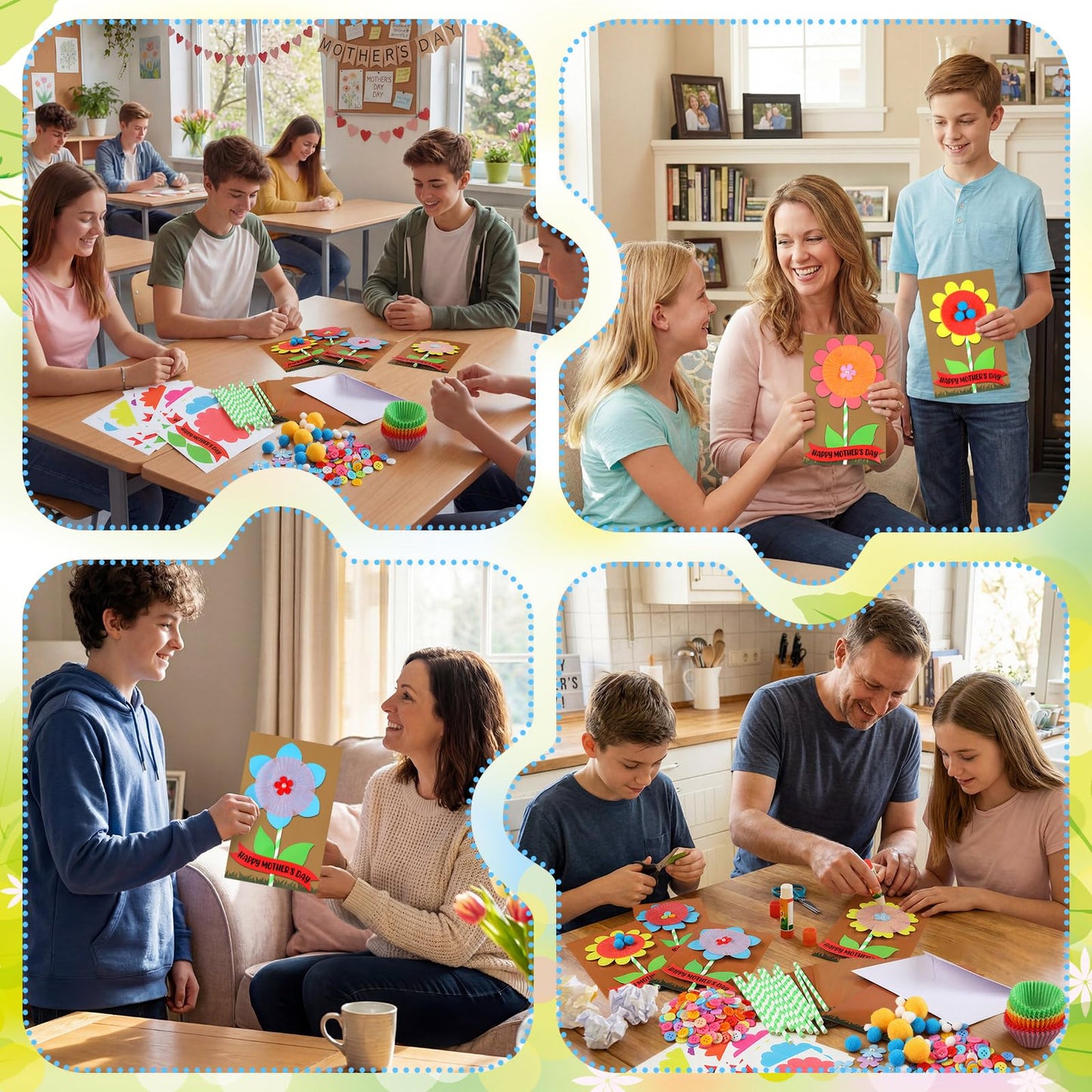 Engrowtic 48 Pcs DIY Mother's Day Flower Craft Kit Happy Mother's Day Card Making Kit with Blessing Message Envelope Make Your Own Flower Greeting Card for Gifts Classroom School Home Activities