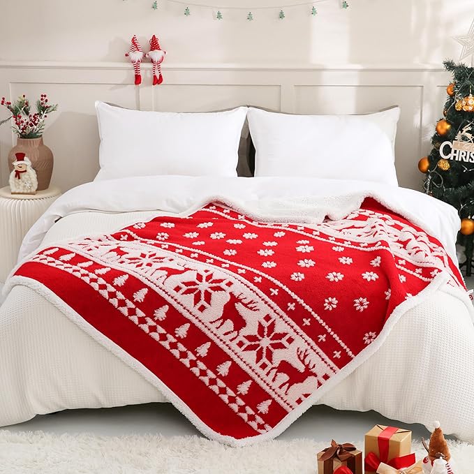 SOCHOW Christmas Holiday Jacquard Sherpa Fleece Throw Blanket, Fuzzy Warm Super Soft Reversible Plush Blanket for Bed, Sofa and Couch, 50 x 60 inches, Red