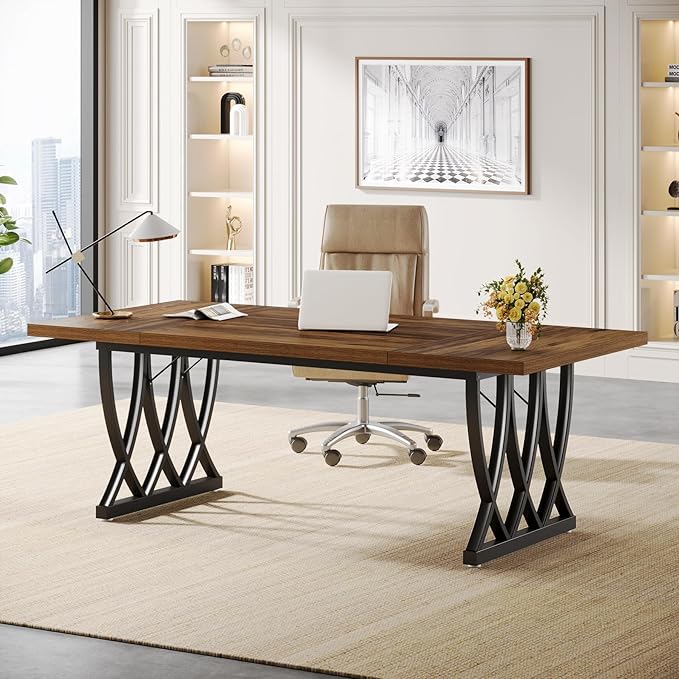 Tribesigns 70.86-Inch Executive Desk, Large Home Office Desk Computer Desk with Thick Metal Frame, Rectangle Study Writing Table Workstation for Home Office (Retro Brown & Black)