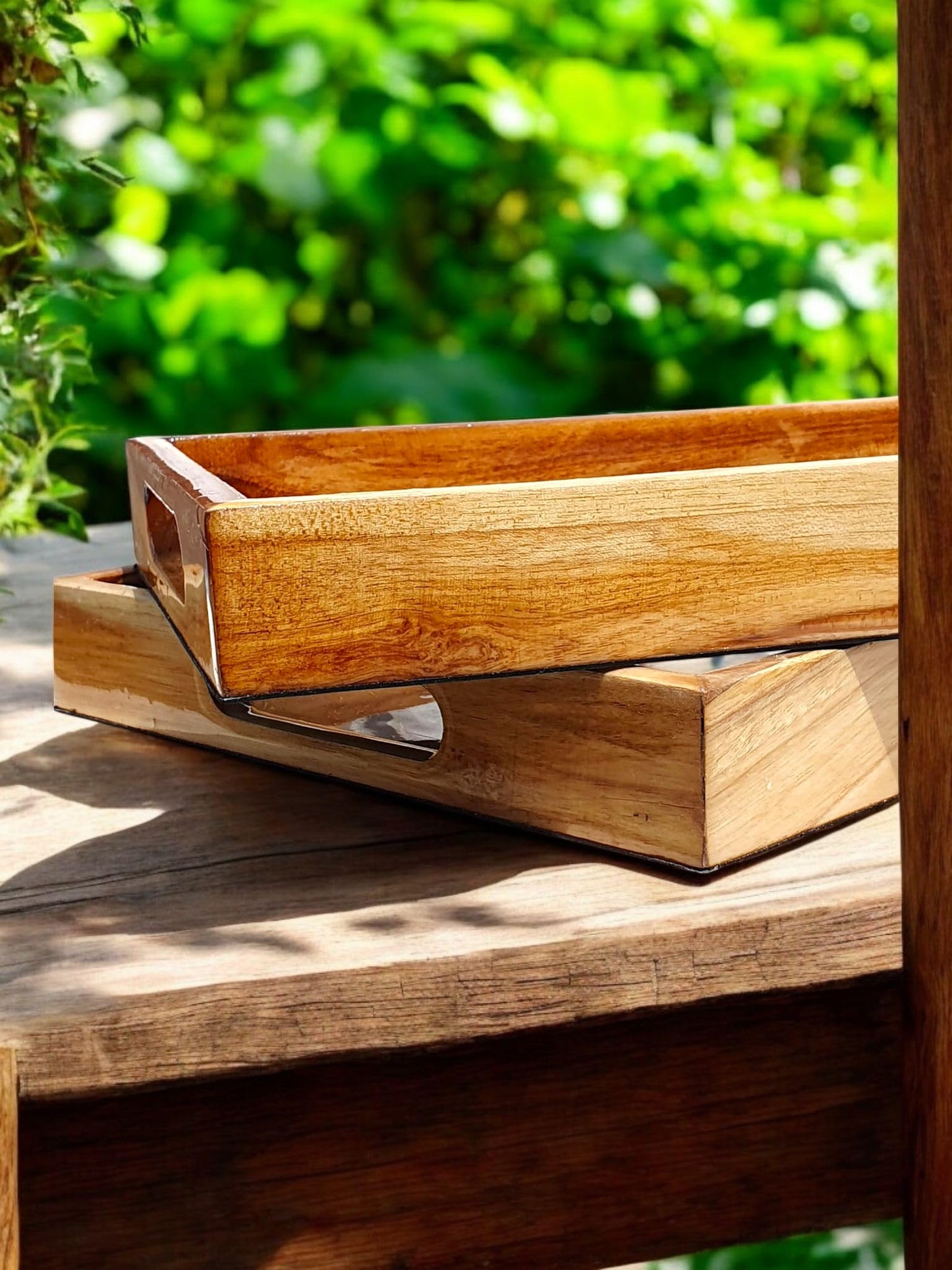 Vetali Export Handcrafted Teakwood Serving Tray Set of 2, Decorative Rectangular Trays with Handles, Breakfast in Bed, Coffee Table, Dinner, BBQ, Snacks, Appetizers, Lap Desk Tray for Couch - Blue