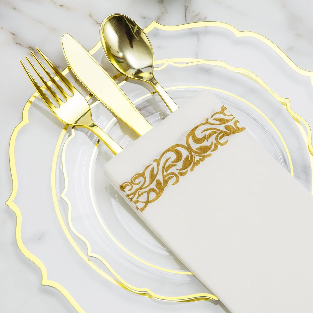 200 PCS Baroque Clear Gold Dinnerware Set for 25 Guests,Gold Rimmed Heavy Duty Plastic Disposable Plates for Party Wedding with Napkins,25Dinner Plates,Dessert Plates,Spoons,Forks,Knives,Cups