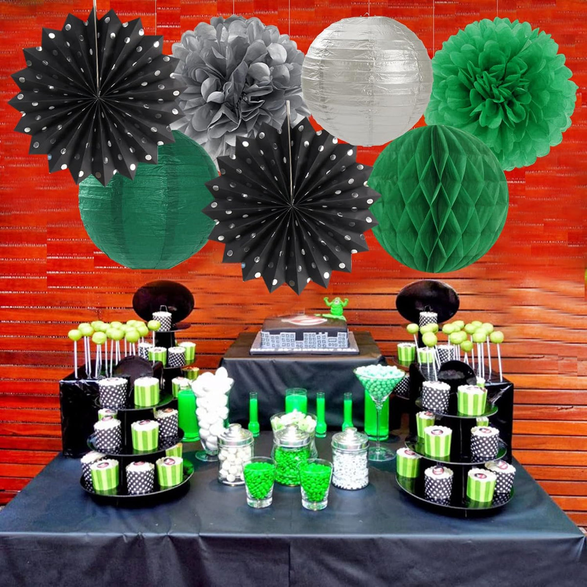 Black-Green Silver Party-Decorations Streamers Lanterns - 14pcs Graduation 2025 Paper Lanterns Fan,Tissue Pom Poms Streamer,Honeycomb Balls,Soccer Supplies Men Boys Birthday Baby Shower Decor Ouruola