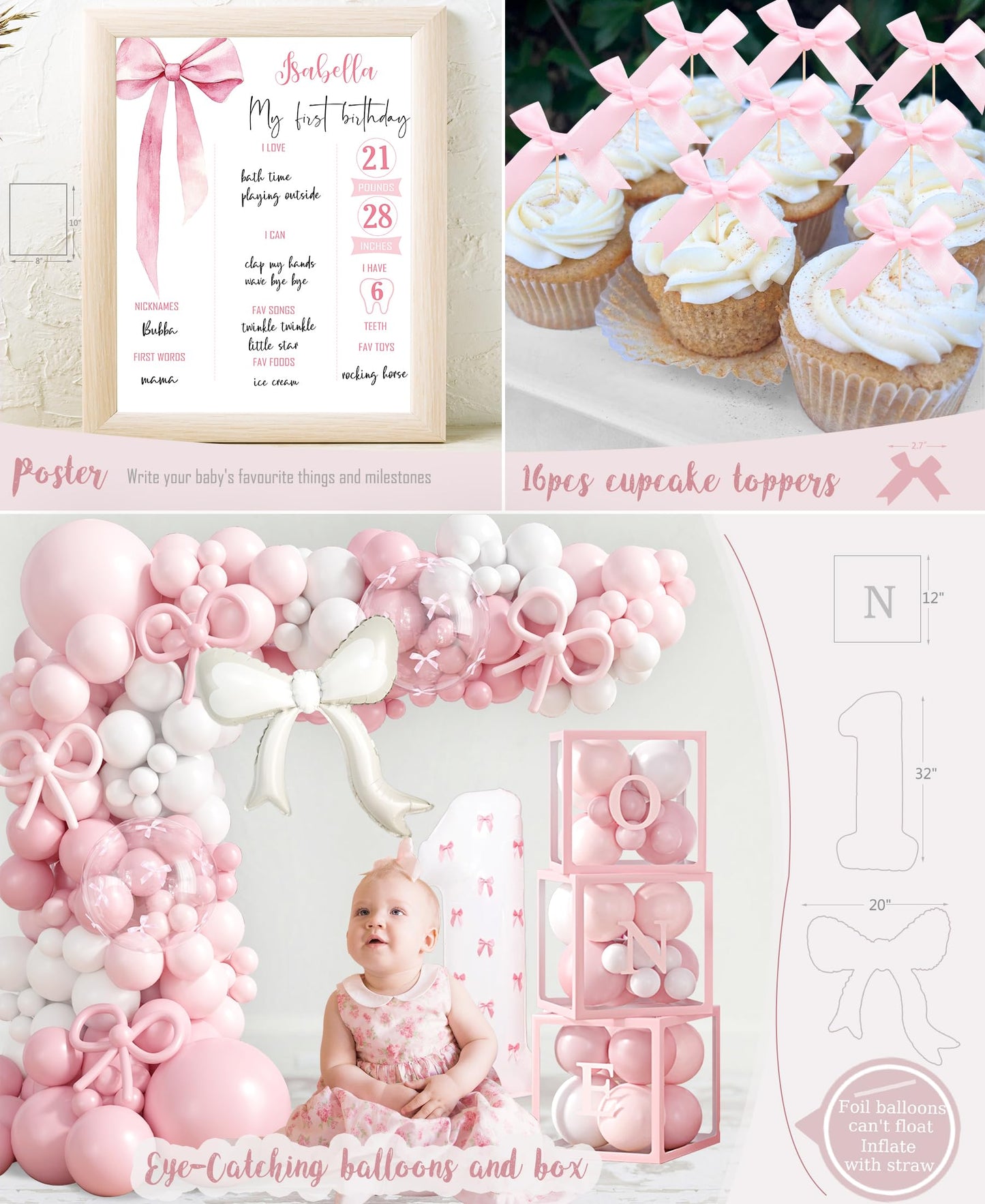Pink Bow 1st Birthday Decorations, First Birthday Party Supplies for Girl, Pink White Balloon Arch Balloon Box Girls Just Wanna Be One Backdrop High Chair Banner