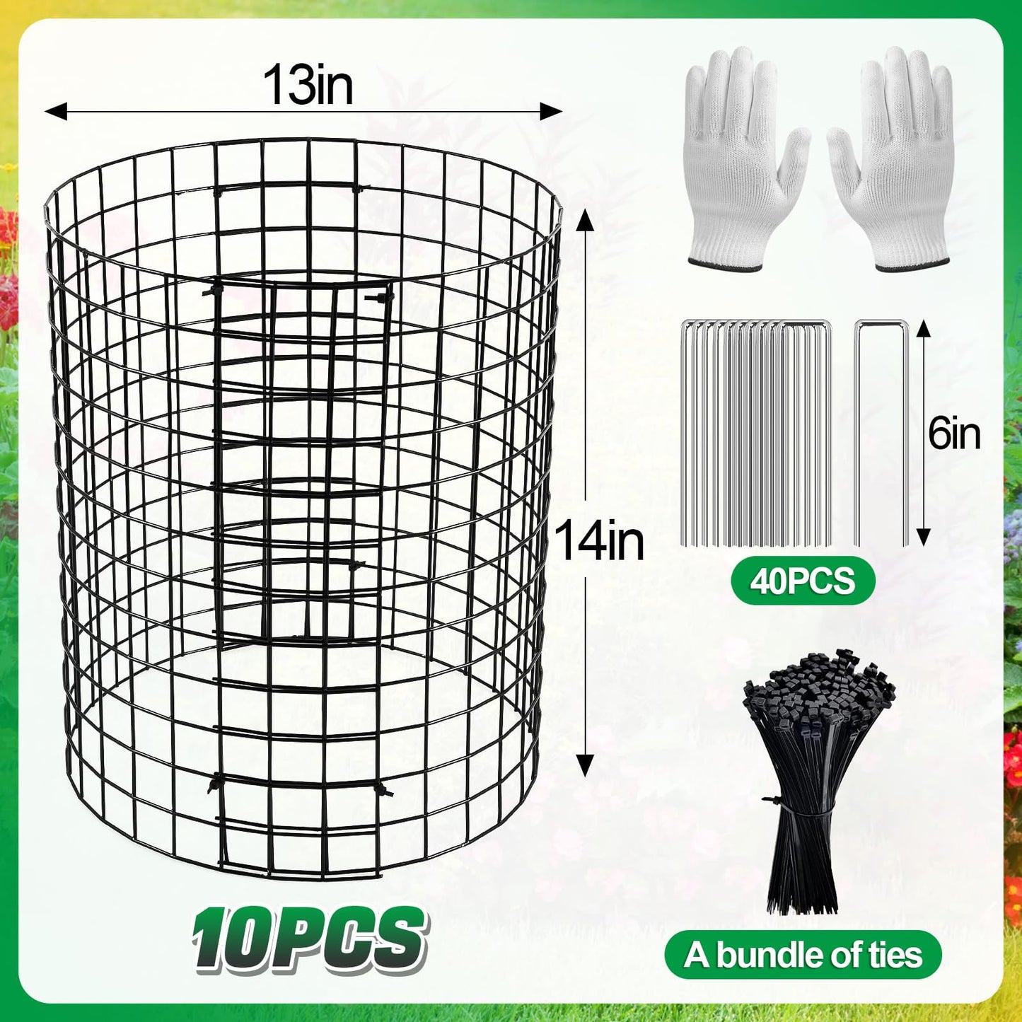 12-gauge Wire Pre-Bent Quick Setup Plant Protectors from Animals -14''H *13''Dia Chicken Wire Plant Cages to Keep Rabbits Deers Squirrels Out, Garden Bunny Barricades with Zip Ties Stakes, 10Pack