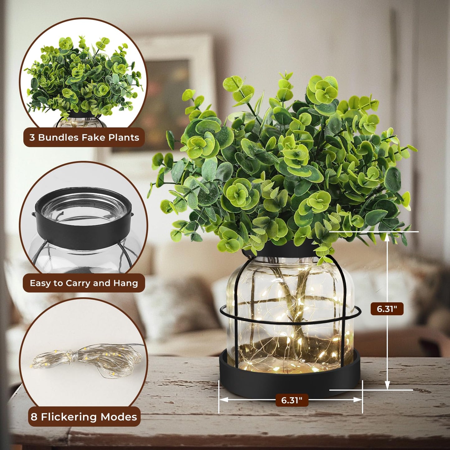 Farmhouse Rustic Glass Vases Primitive Country Lantern Coffee Dining Table Centerpiece Green Fake Artificial Eucalyptus Plants with Light Home Decor for Shelf Desk Counter Kitchen Bathroom, Black