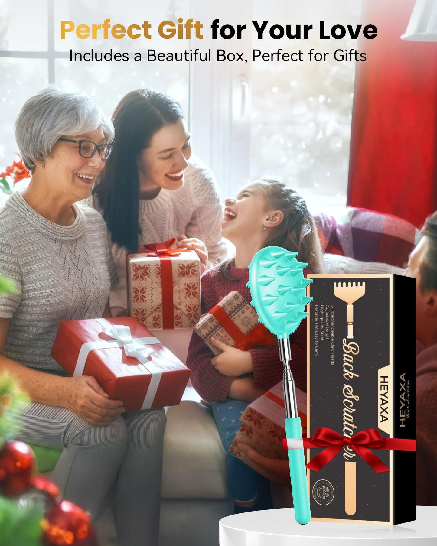 Telescoping Back Scratcher with 5 Detachable Heads, Valentines Day & Birthday Gifts for Men Women, Husband, Funny White Elephant Gifts for Adults with Gift Box