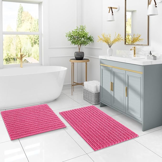 Arotive Luxury Chenille Bathroom Rug Mat, Extra Soft Thick Absorbent Shaggy Bath Rugs, Non-Slip Machine Wash Dry, Plush Bath Mats for Bathroom, Shower and Tub, 30x17, Deep Pink