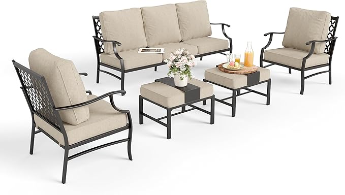 Patio Furniture Set 5 pcs, Outdoor Patio Furniture, 3-Seat Sofa, 2 Single Chairs, 2 Ottomans and 5.75" Extra Thick Cushion, Patio Conversation Set for Garden Backyard Deck,Beige