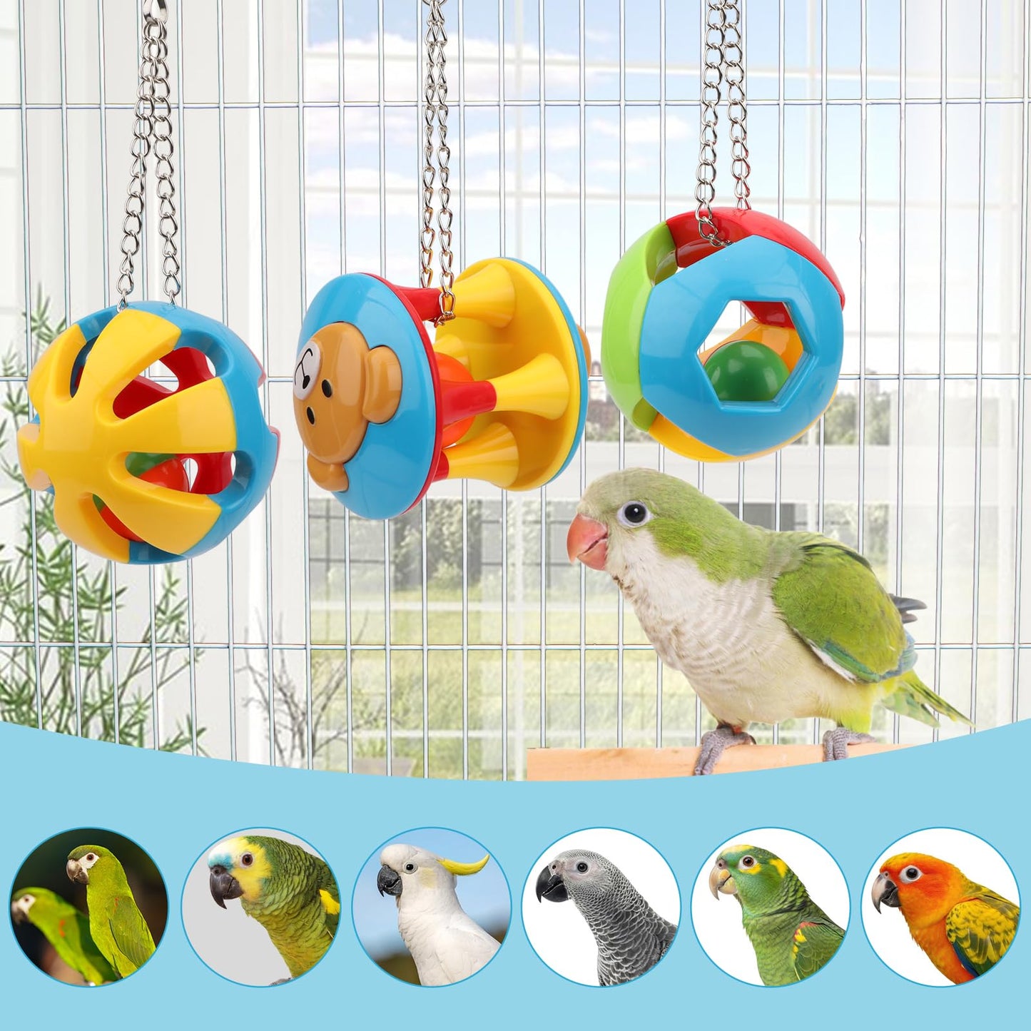 Hypeety Parrot Colorful Ball Toys with Bell Cage Hanging Chewing String for Parakeet Conure Cockatiel Small Medium Birds (A+B+C)
