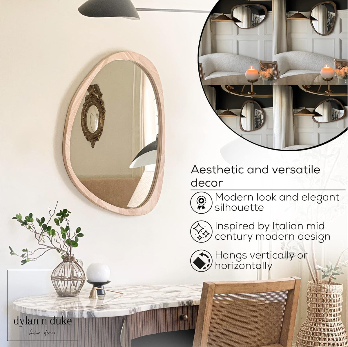 Irregular Wood Frame Boho Mirror - Large Wall Mounted Accent, Asymmetrical, Modern Aesthetic Wall Decor for Bedroom, Entryway, Living Room, Bathroom (Natural)