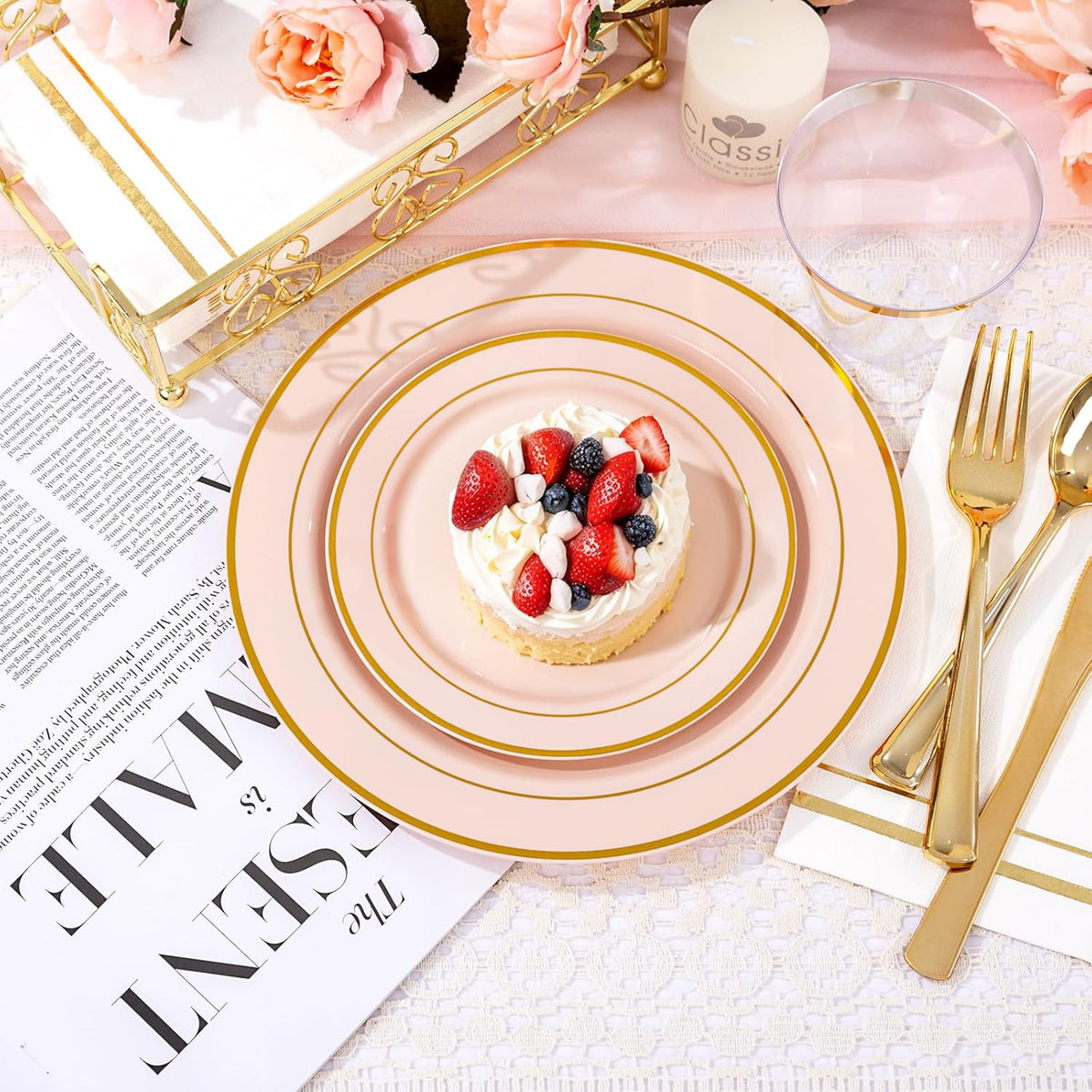 GATHER 350PCS Pink Plastic Plates - Disposable Plastic Dinnerware Set Include 100 Pink Plates, 150 Silverware, 50 Napkins, 50 Cups for Party & Wedding