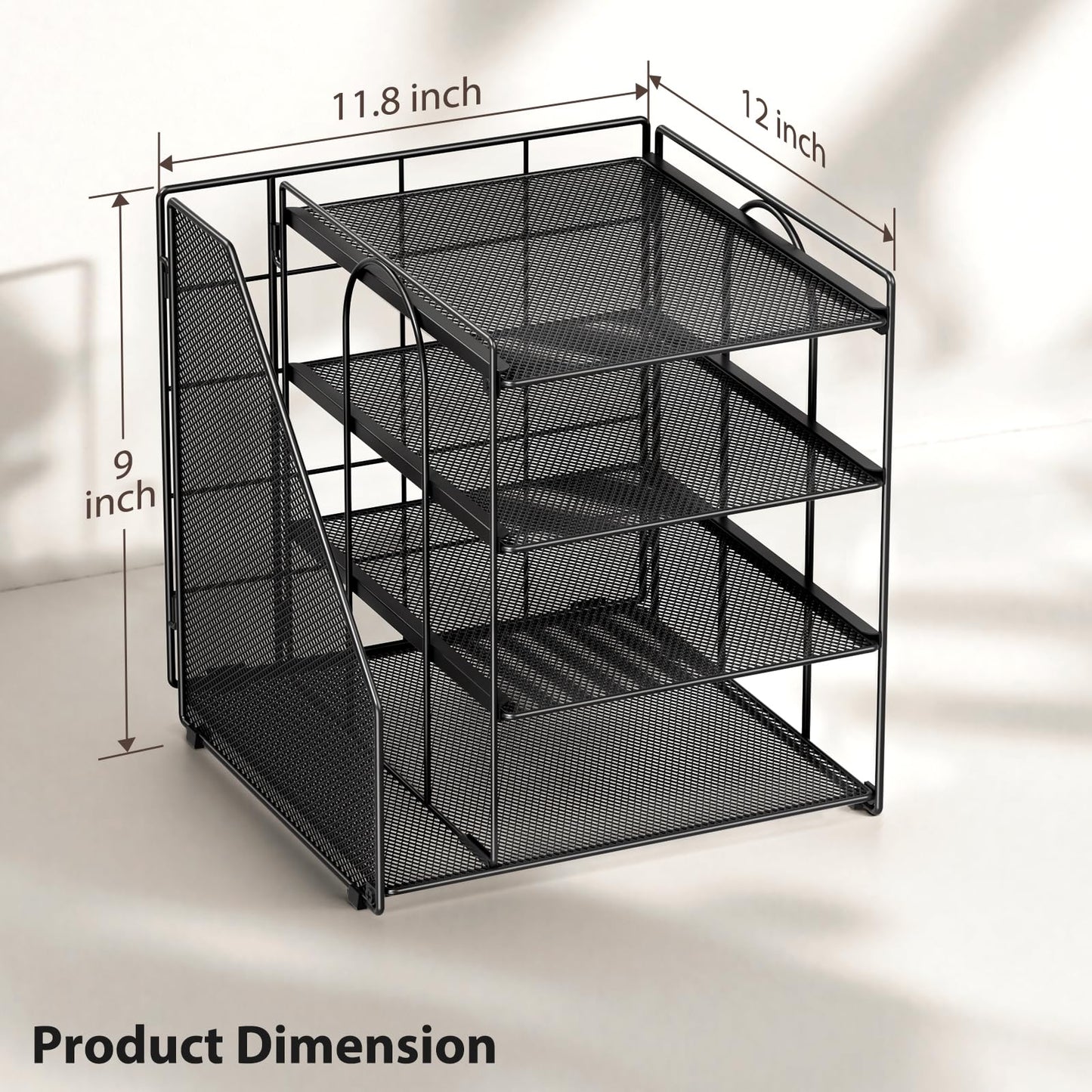 Becomrock Desk Organizer, 4-Tier Metal File Organizer for Desk with Vertical File Holder, Office Accessories and Desktop Storage for Office Supplies (Black)