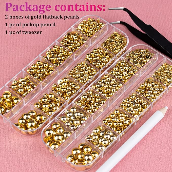 Belleboost Gold Nail Charms and Gems, 2 Boxes Half Round Flatback Pearl Nail Charms, Nail Pearls Rhinestones Kit Gold Beads for Nails with Pencil and Tweezer for DIY Nail Art, Face Makeup and Crafting