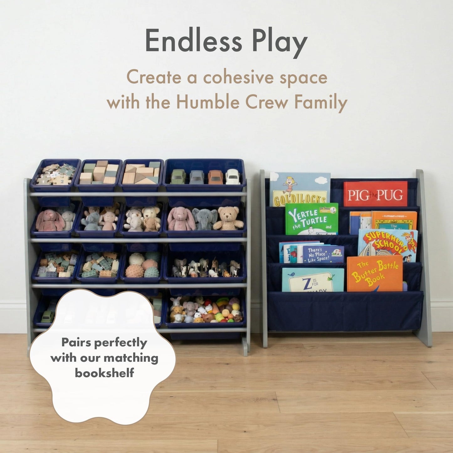 Humble Crew Toy Storage Organizer with 16 Removable Storage Bins for Kids Playroom, 4-Tier Toddler Toy Organization, Grey/Navy
