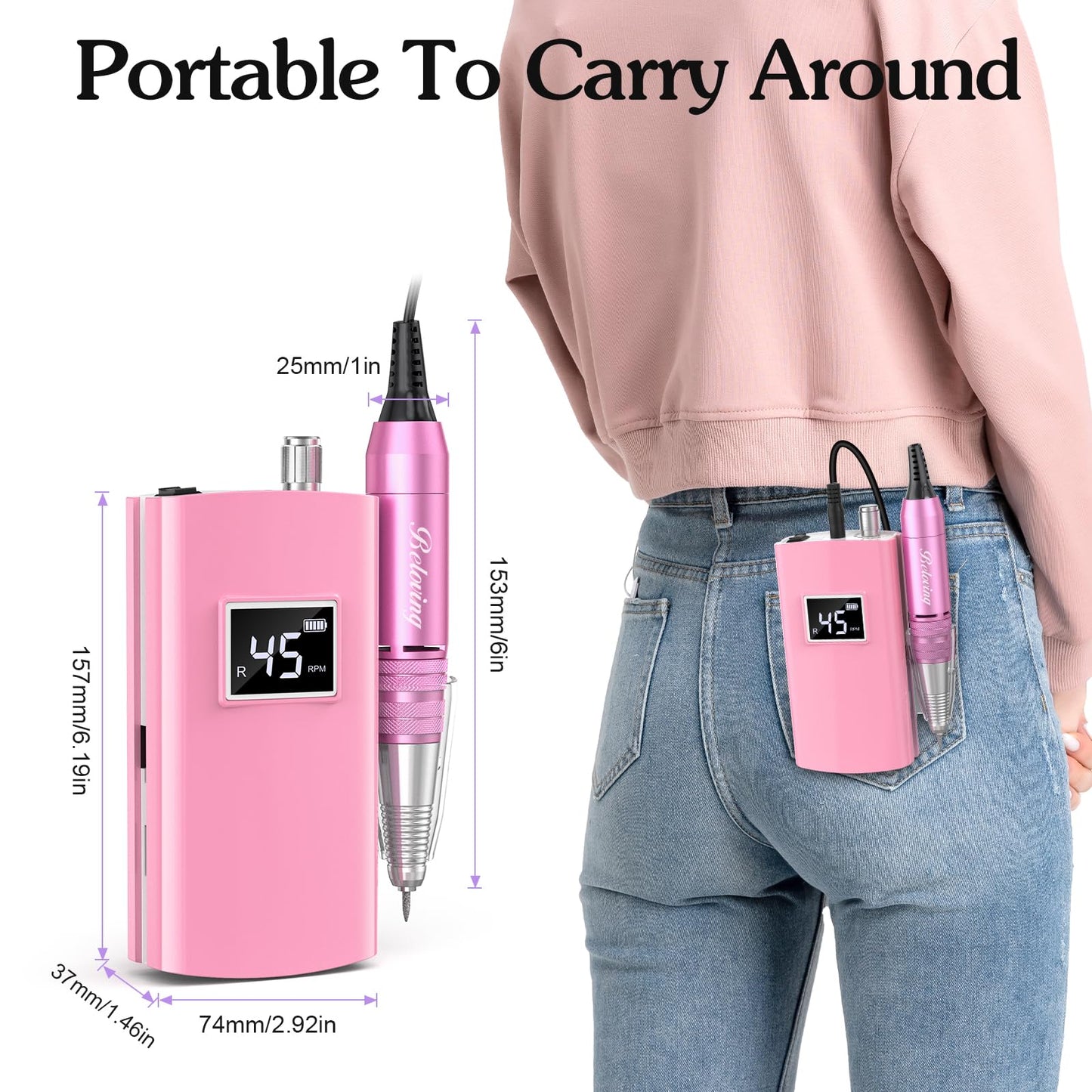 Beloving Portable Nail Drill Professional, 45000RPM Rechargeable Nail Drill Electric File Machine for Acrylic Gel Polish Remover