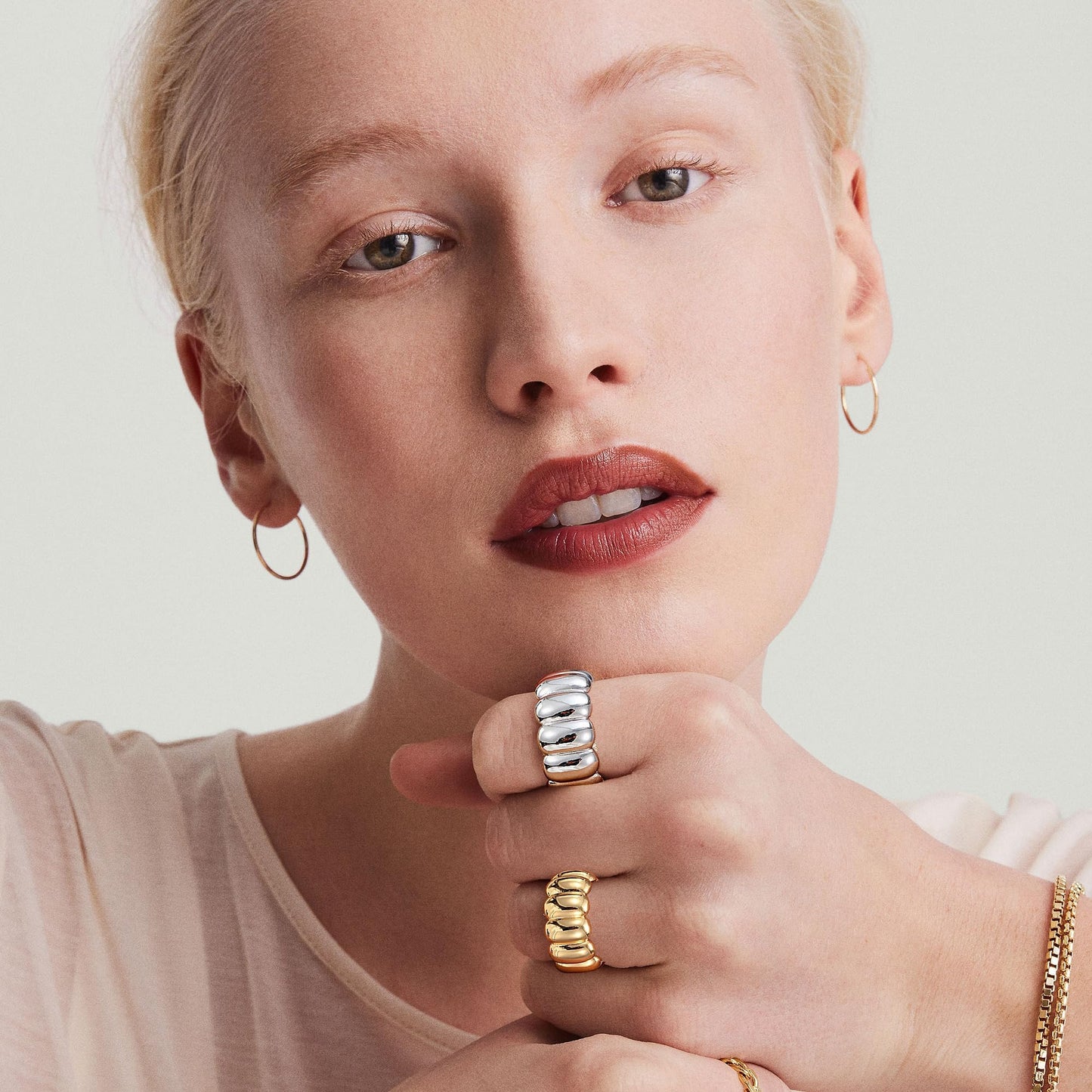 Punhem Chunky Gold Statement Rings for Women 14K Gold Silver Tone Non Tarnish Cute Puffy Dome Croissant Thumb Band High Polished Smooth Comfort Fit Size 5-10