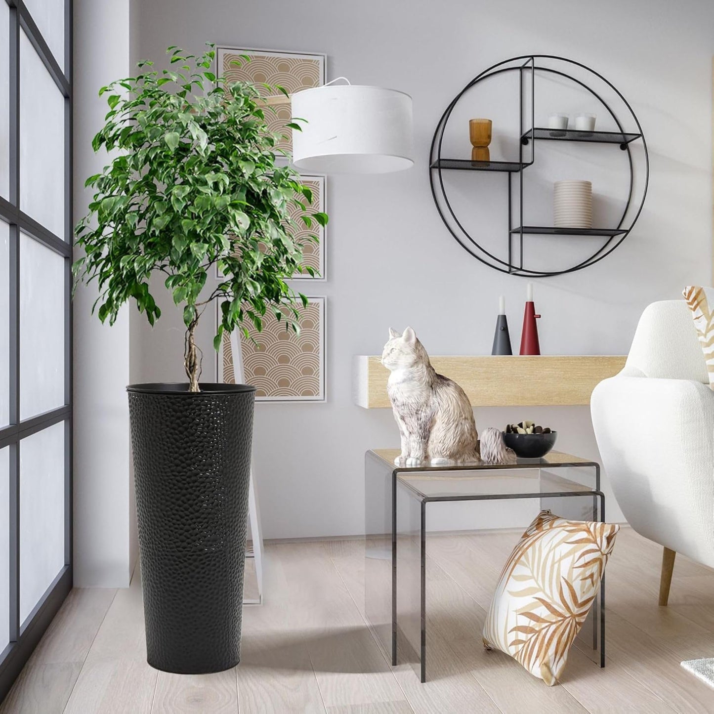 Worth 2 Pack 28" Tall Narrow Metal Planter with Inside Pot for Indoors or Outdoors, Deck, Patio or Front Porch, Hand-Hammered Texture, Black