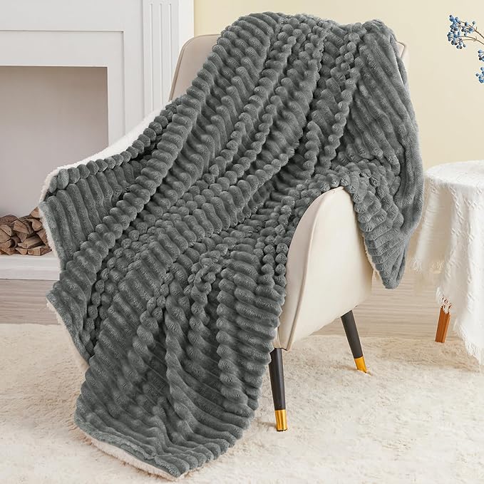 INFIIXSO Sherpa Throw Blanket for Couch - Super Soft & Warm Striped Fleece Blanket, Cozy Plush Fluffy Blanket All Season Use (Grey, 50x60 Inches)