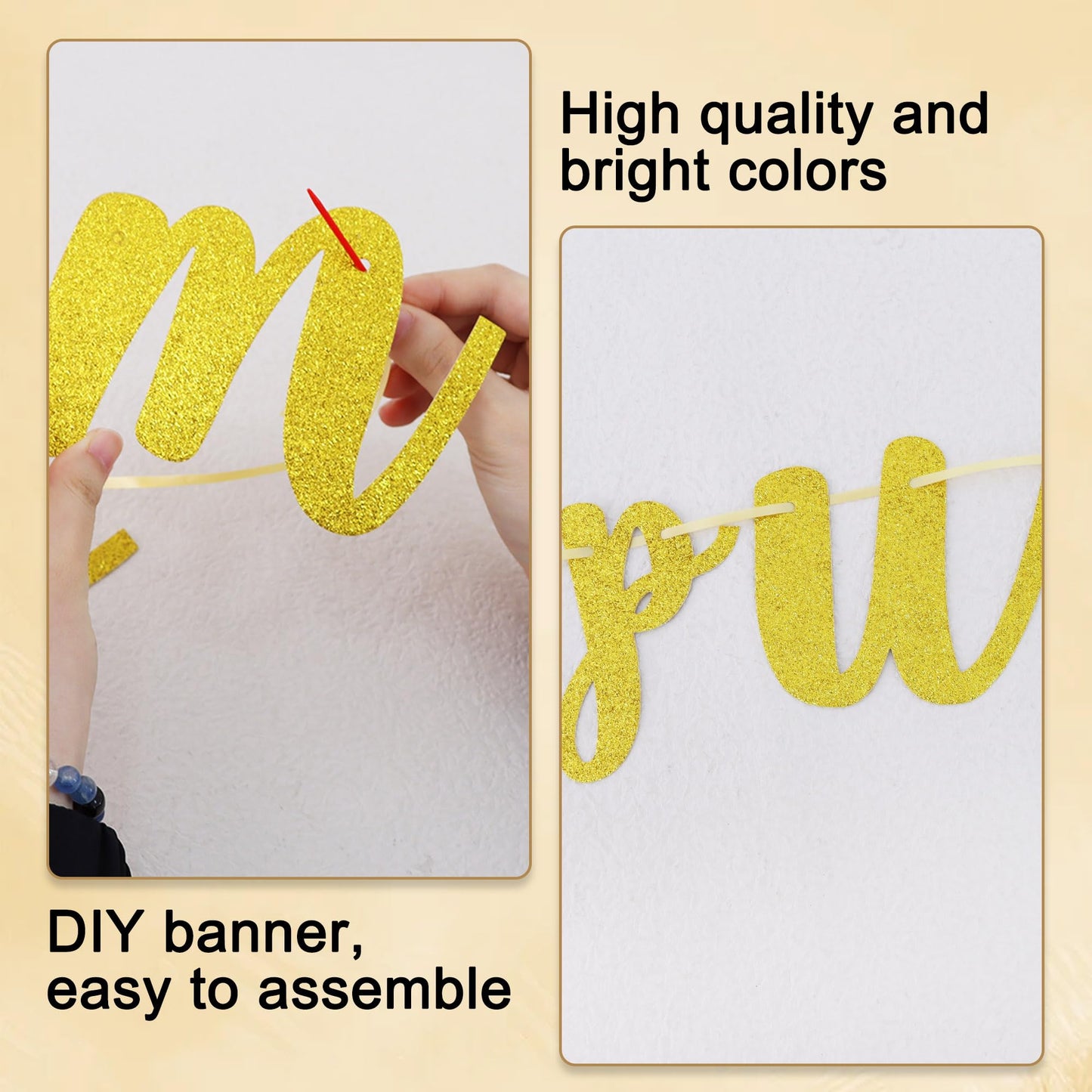 BEISHIDA Glitter Gold 116 PCS A-Z DIY Letter Banner Kit Make Your Own Banner,Including 111 Letters and Numbers 3 Rope and 2 Threading Device,Customized for Birthday Graduation Wedding Party Decor