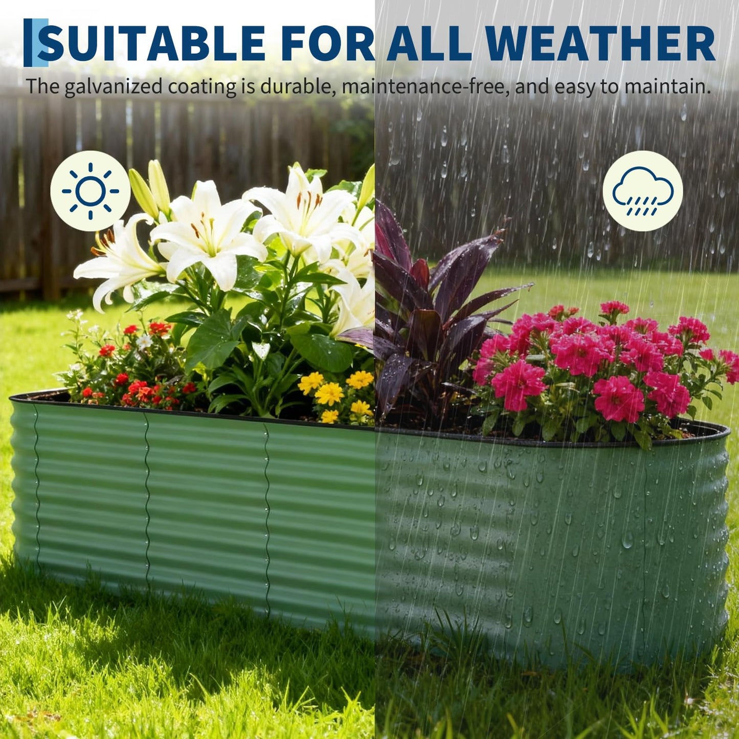 Garvee 8x2x1.5ft Galvanized Raised Garden Bed, Oval Metal Planter Box with Anti-Cut Safety Edges, 179 Gallons Rust-Resistant Deep Root Planter for Outdoor Vegetables, Flowers, Herbs, Green
