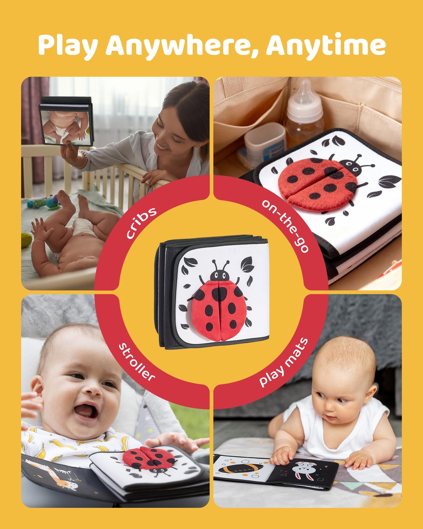 Black and White Baby Books for Newborn - Tummy Time Mirror & Sensory Toys Soft Montessori Toy for Infant Visual Stimulation, Brain Development & Early Learning - High Contrast Toys for 0-6 Months