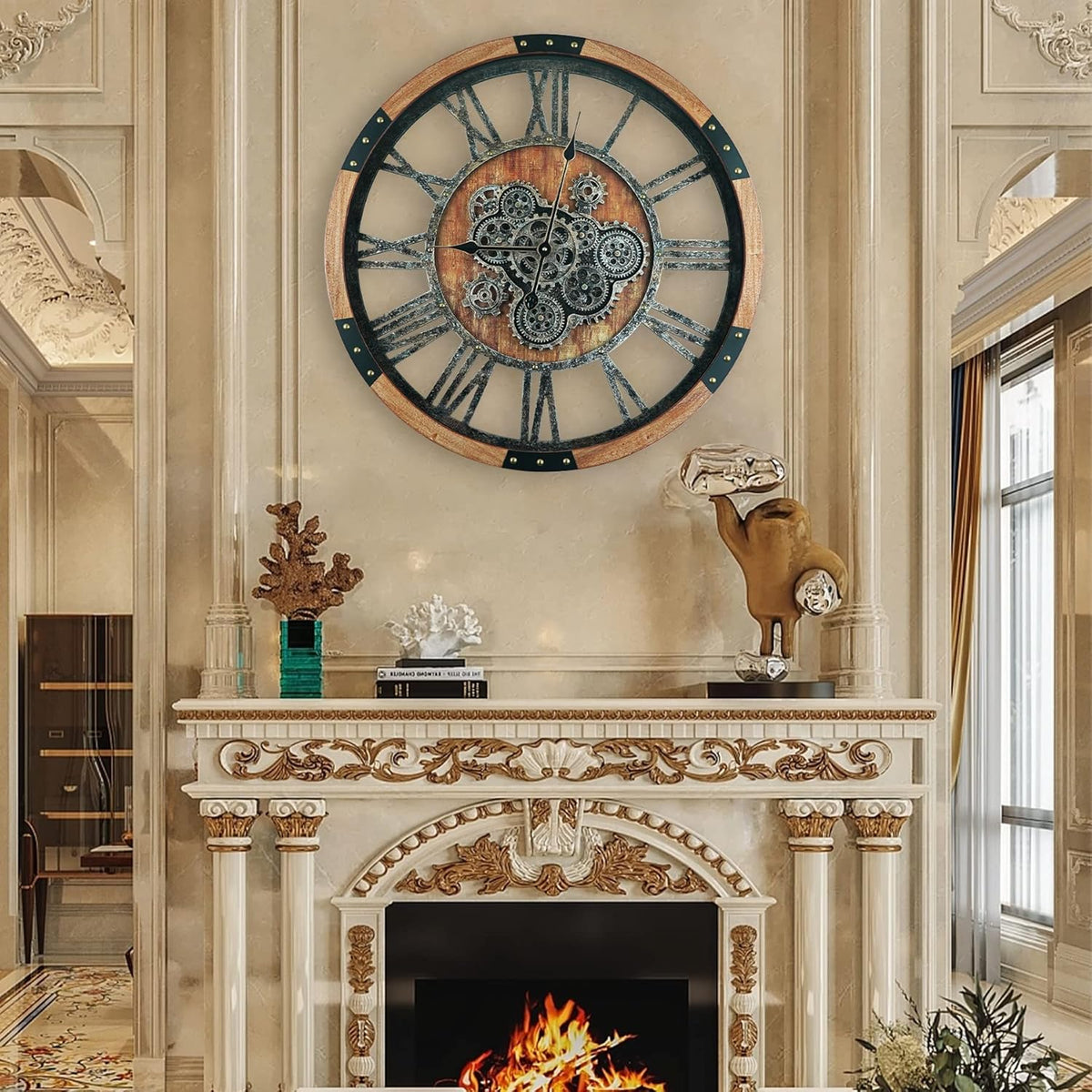 30 Inch Moving Gear Wall Clock, Oversized Wall Clocks, Clock Living Room Decor, Solid Wood Frame, Battery Operated, Large Wall Clock with Steampunk Industrial for Fireplace(Brown)