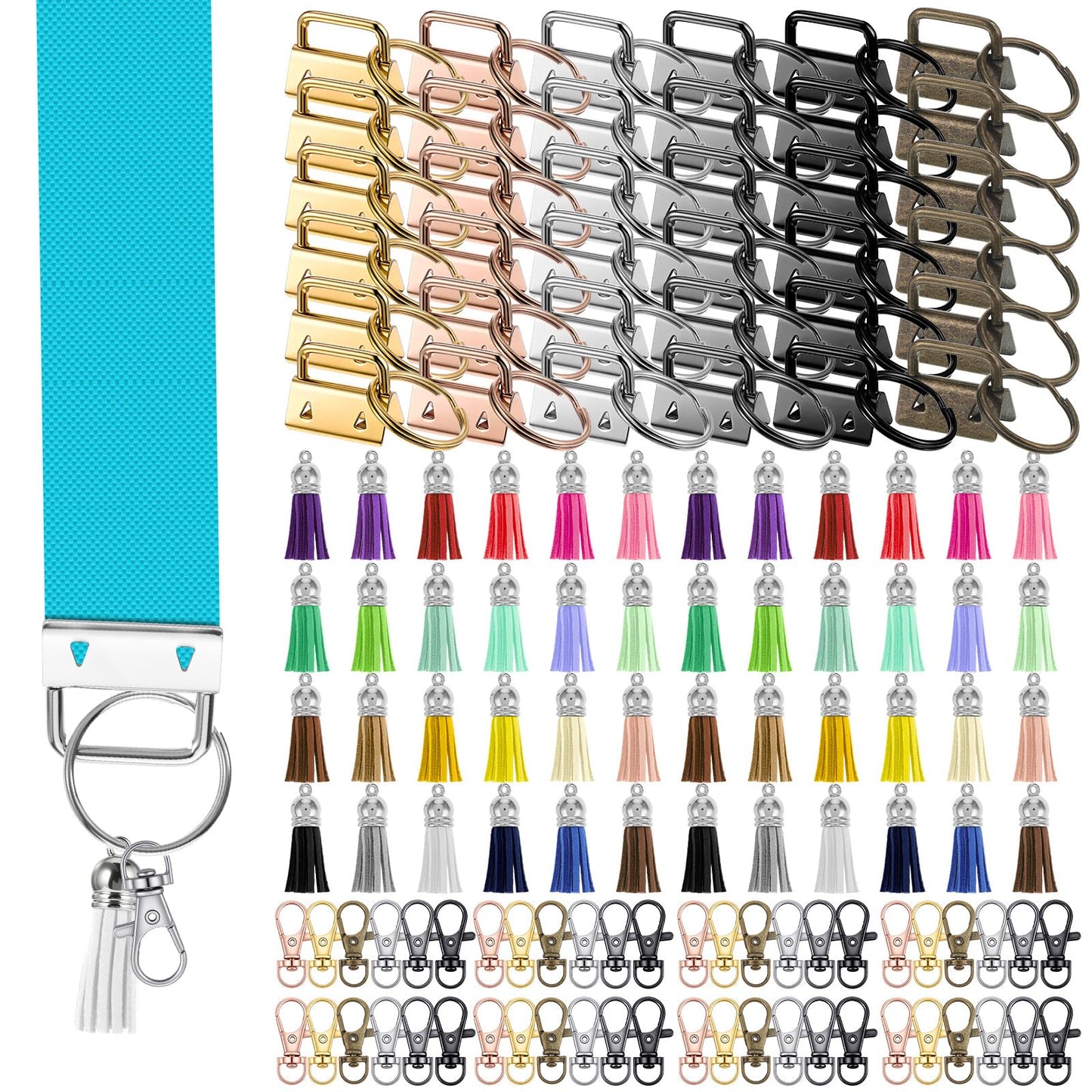 144 Pcs Keychain Hardware Set Key Fob Hardware Set - 48 Pcs 1 Inch Keychain with Keyring, 48 Pcs Colorful Leather Keychains Tassel and 48 Pack Swivel Snap Hooks for DIY Craft Supplies (Multicolor)