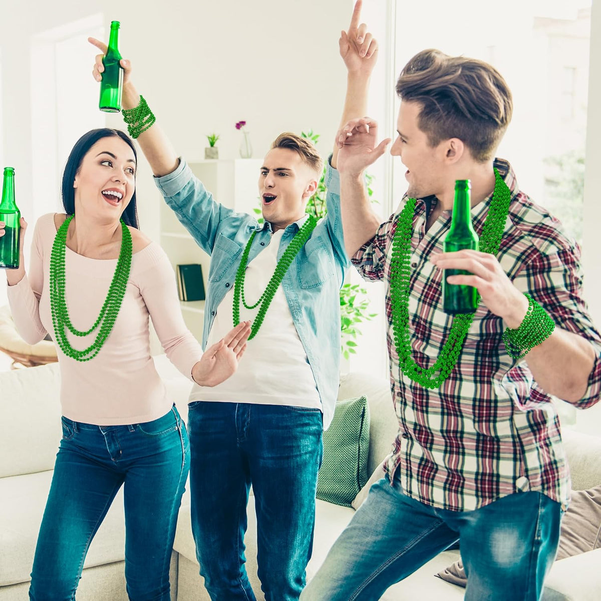 St Patricks Day Accessories, 15PCS Green Beads Necklaces Decorations, 33" Saint Patricks Day Mardi Gras Xmas Necklace Party Favor, Green Mardi Gras Beads Bulk for Wedding Birthday Holiday Parade Throw