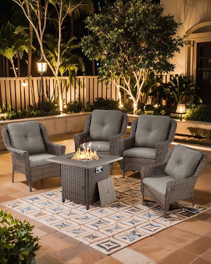 Outdoor Patio Chairs with Fire Pit Table 5 Piece Set - High Back Brown Wicker Rattan Lawn Chair with Thick Cushion for Porch Apartment Deck Yard Poolside Garden - Grey