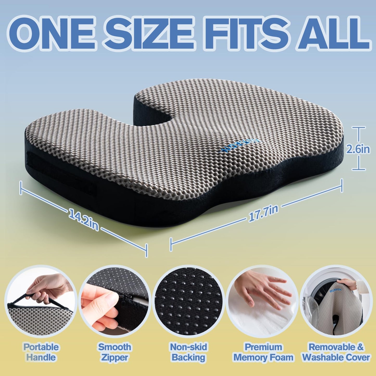 Mureon Seat Cushion for Office Chairs, Large Memory Foam Cushion for Car, Pressure Relief Ergonomic Chair Cushion with Non-Slip Cover for Soft Support for Hip All Day Comfort - Grey
